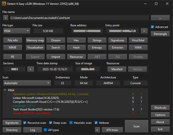 PE file coinhunt shown in detect it easy