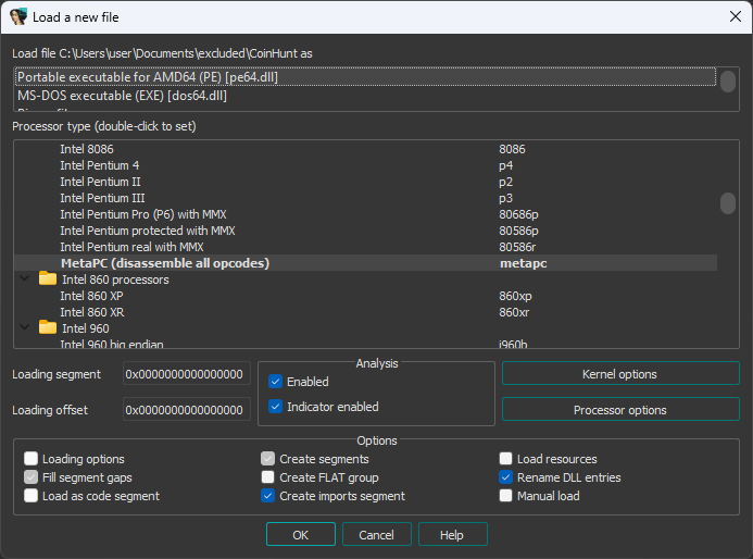 Load a new file dialog in IDA PRO