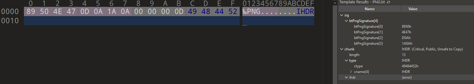 hex editor output of initial decrypted PNG